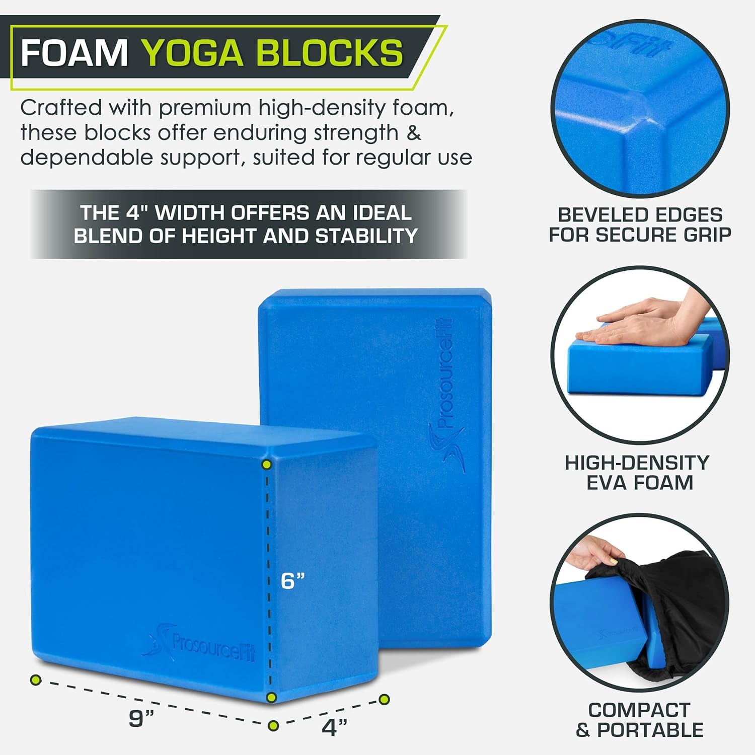 Foam Yoga Blocks, High Density EVA Yoga Bricks 4”X 6” X 9” (Set of 2)